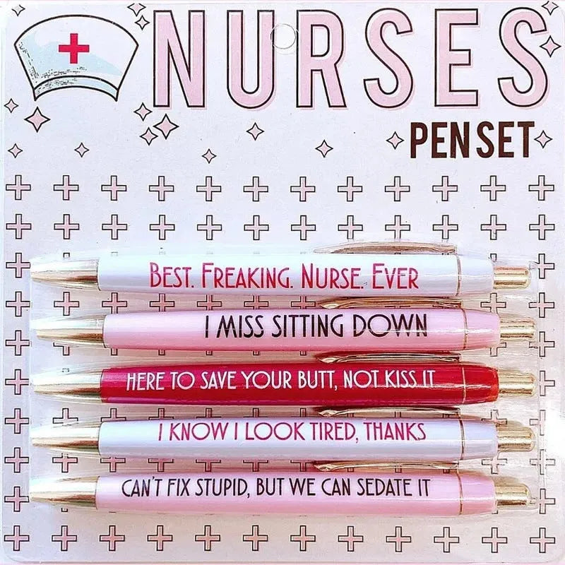 Five nurse theme ballpoint pens with retractable mechanisms and medical humour text