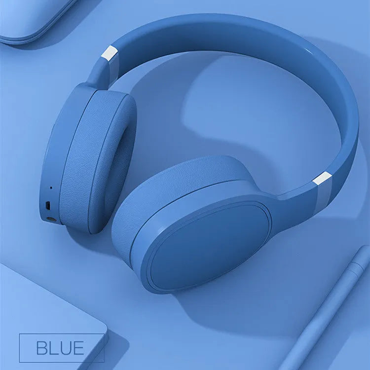 Wireless Bluetooth headset in black, blue, grey, or white with over-ear 40mm speakers.