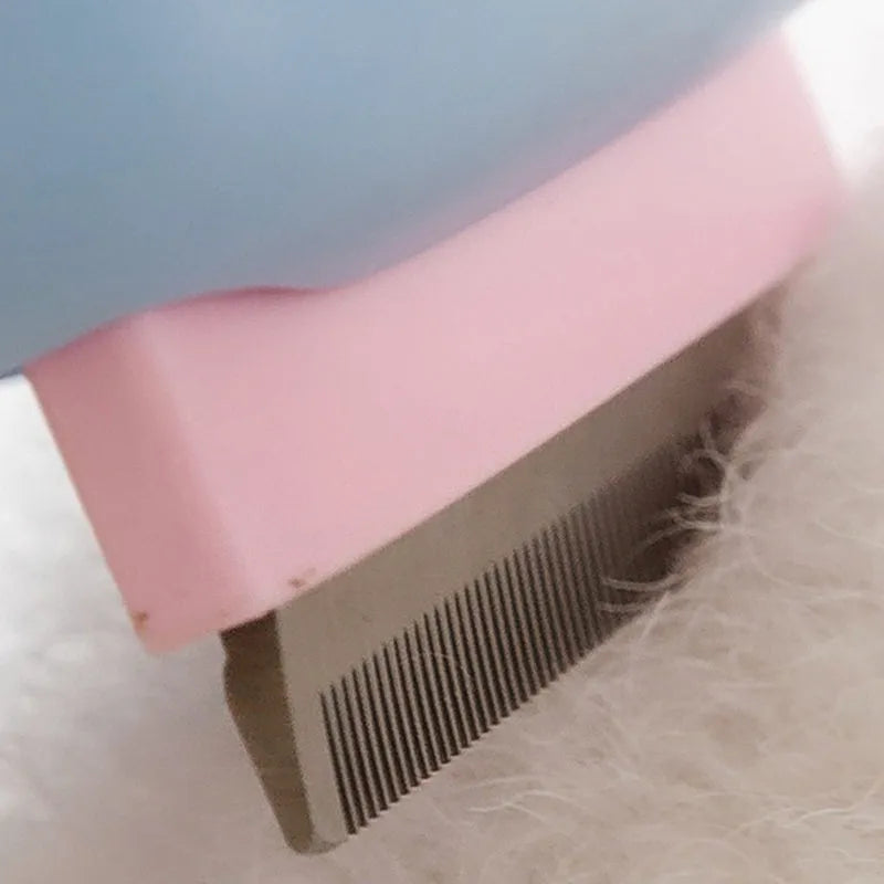 Blue double-sided pet grooming brush with deshedding rake and dematting comb