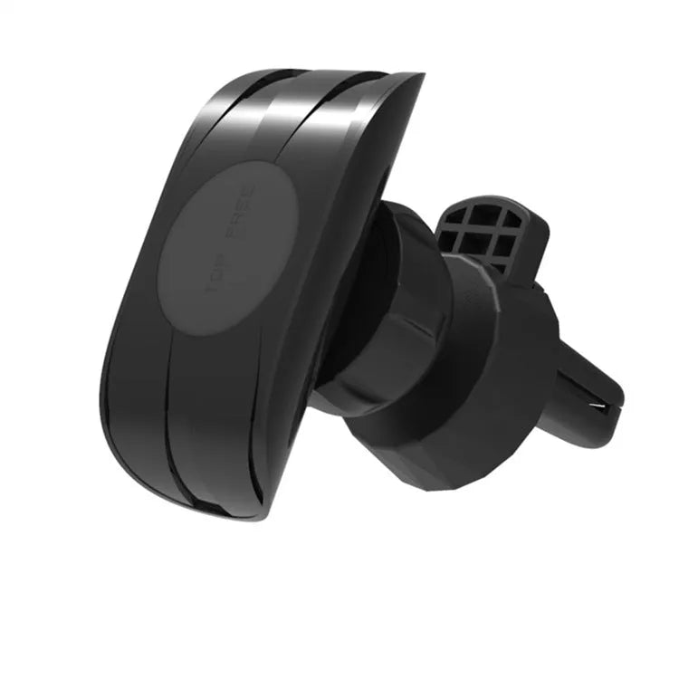 Black car phone holder mounted on car air vent with adjustable clamp and flexible positioning arm