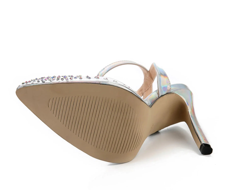 Women's pointed toe sandals with stiletto heels and diamond detail in glossy PVC material