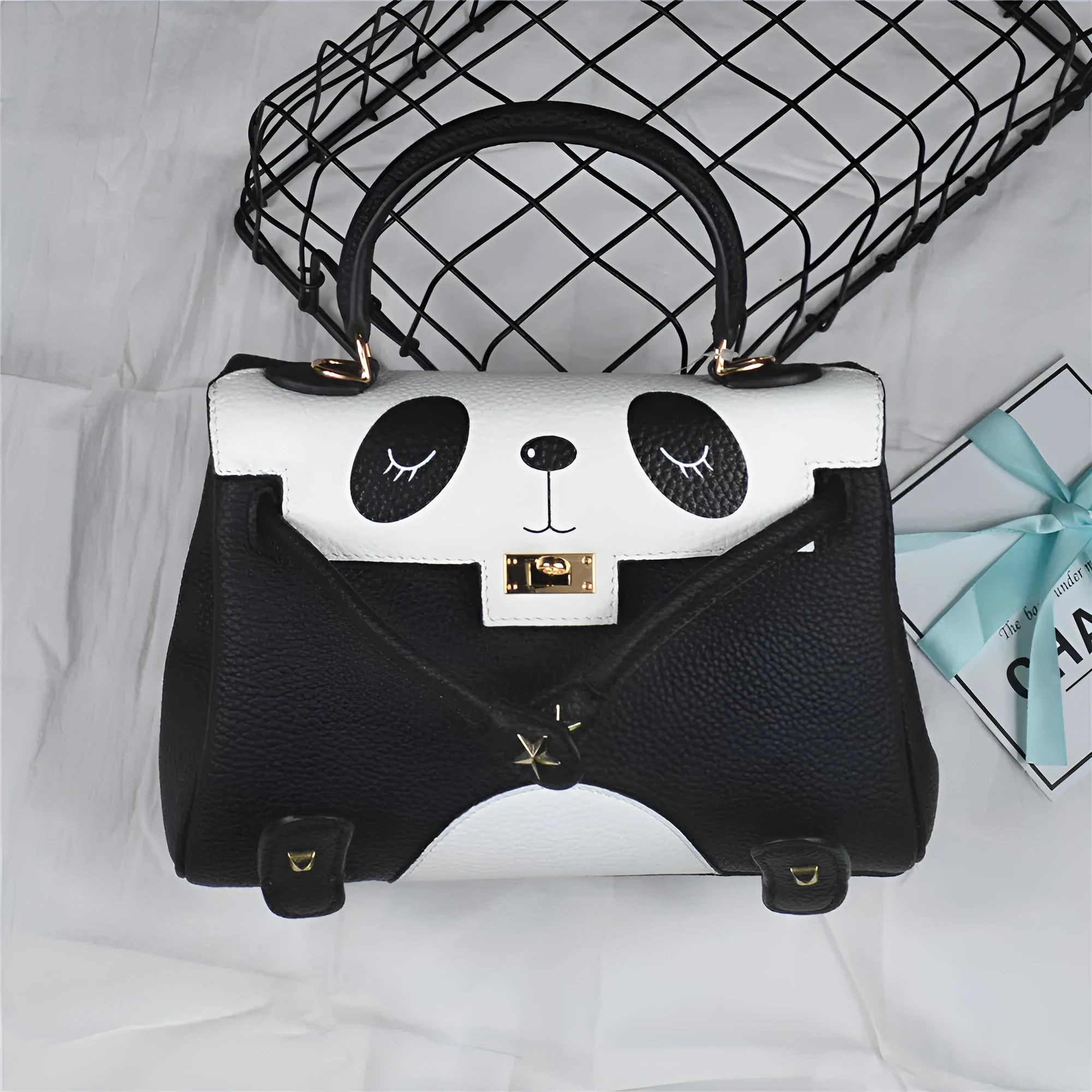 Panda animal print cow leather handbag in horizontal square shape showing sweet lady pattern style