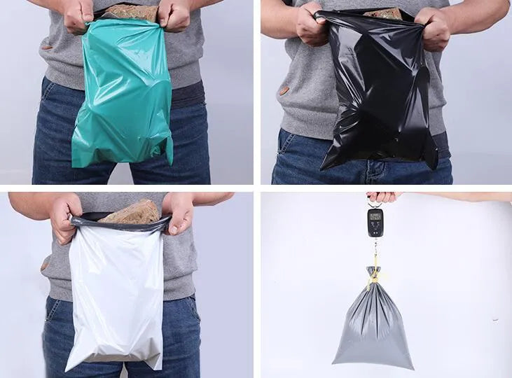 Bundle of 100 clear PE plastic courier clothing bags in multiple sizes with adhesive sticker seals.