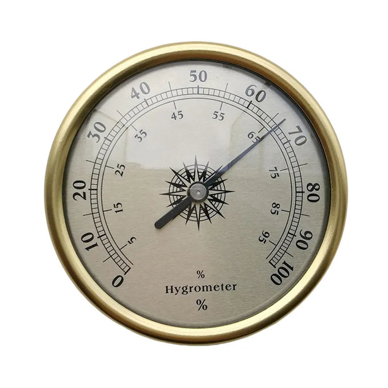 Analogue thermometer and hygrometer with silver aluminium outer ring and dial showing temperature and humidity scales.