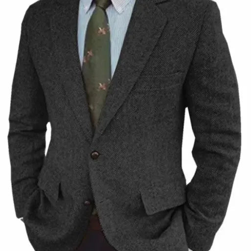 Men's brown herringbone suit jacket with long sleeves and retro business casual styling