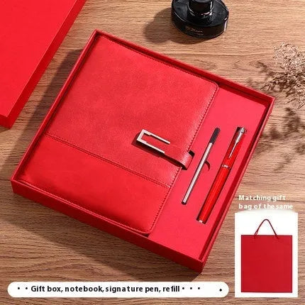 A5 business notebook with PU leather cover in brown, black, green, blue, or red, alongside a luxury gift box.