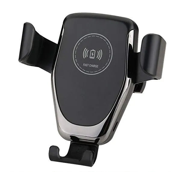 Black car wireless charger mounted on vehicle ventilation hole showing iPhone in automatic clamping mechanism