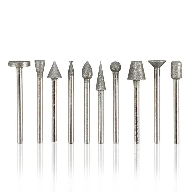 Set of two alloy grinding heads with emery coating and 3mm shanks for rotary tools.
