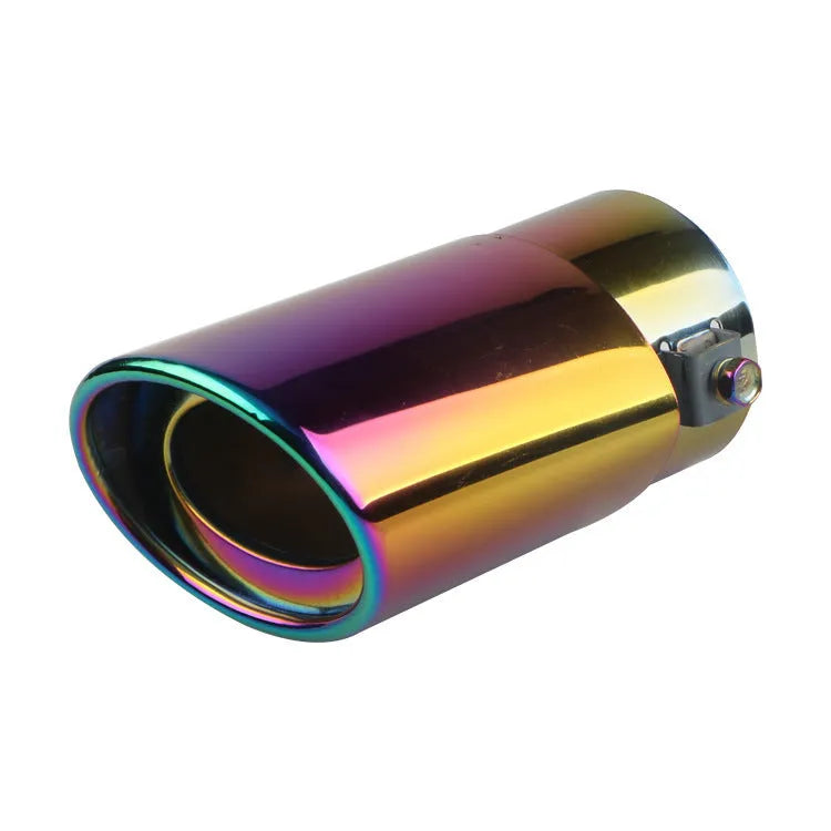 Stainless steel car exhaust tail pipe showing straight and curved style options in different coloured finishes.