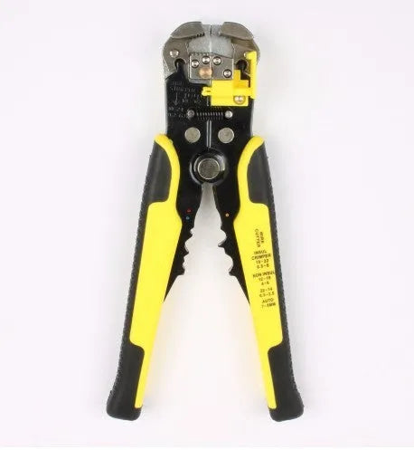 Yellow automatic wire stripper and crimping tool with self-adjusting jaws and integrated cutter