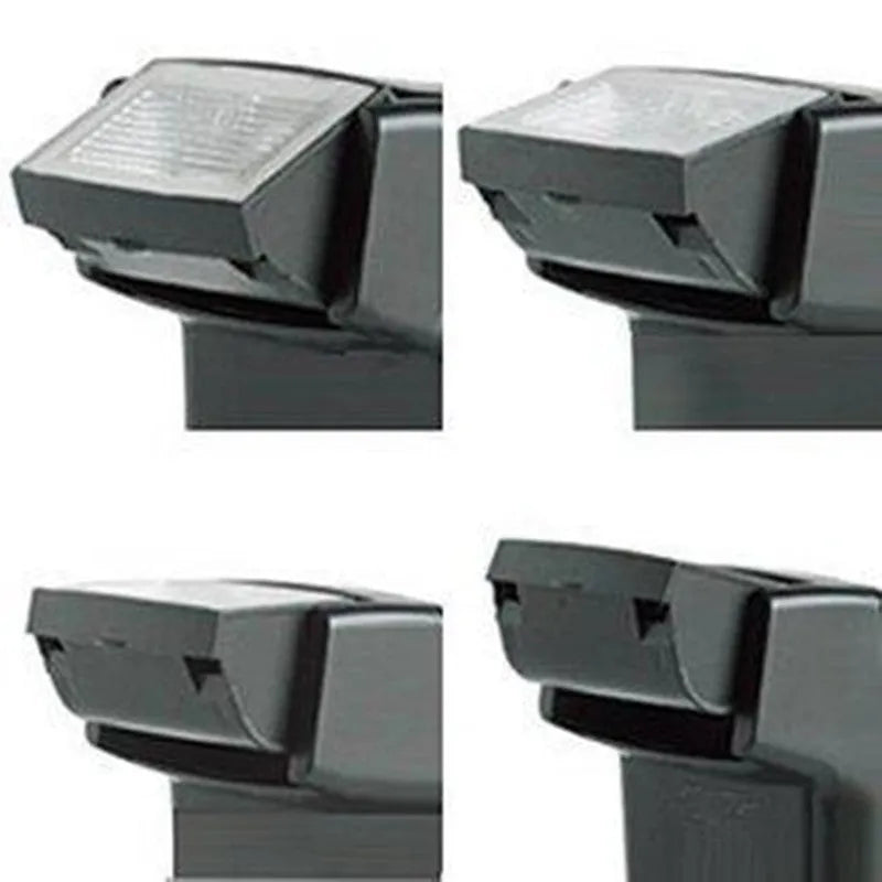 Compact SLR camera flash accessory unit shown tilted on a camera hot shoe, showcasing its 90-degree adjustable head.