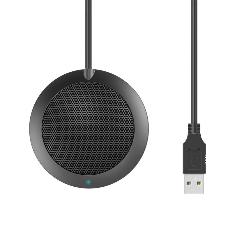 Black USB conference microphone with zinc alloy shell and metal mesh cover for 360-degree omnidirectional pickup