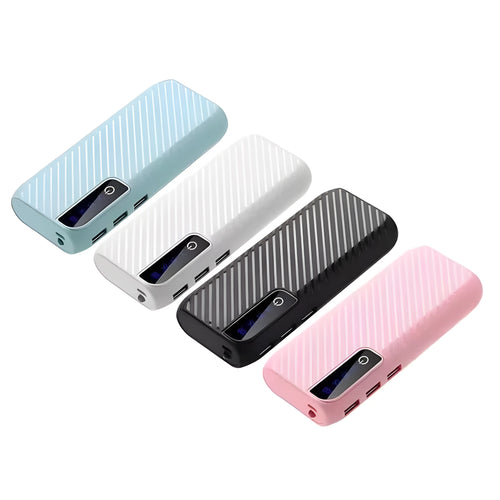 Black 20000mAh mini power bank showing USB ports and compact size