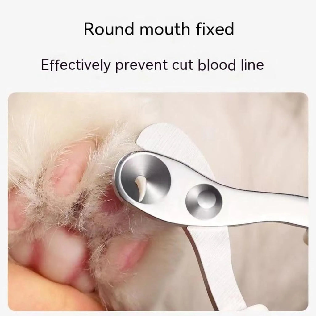 Blue pet nail clippers with circular safety-guide hole and cushioned non-slip handles.