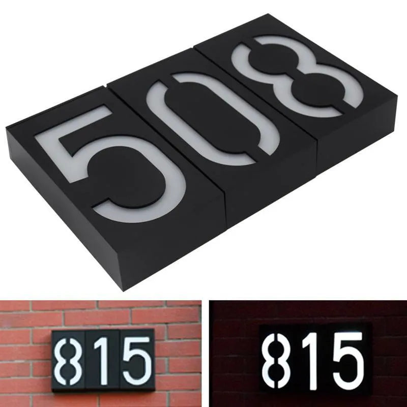 Solar powered illuminated house number light with LED illumination and weatherproof construction