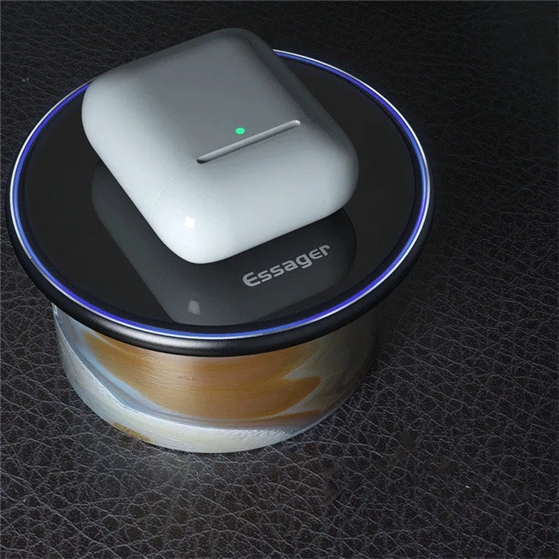 Black or white aluminium alloy wireless charging pad with LED status light, shown with a smartphone on top.