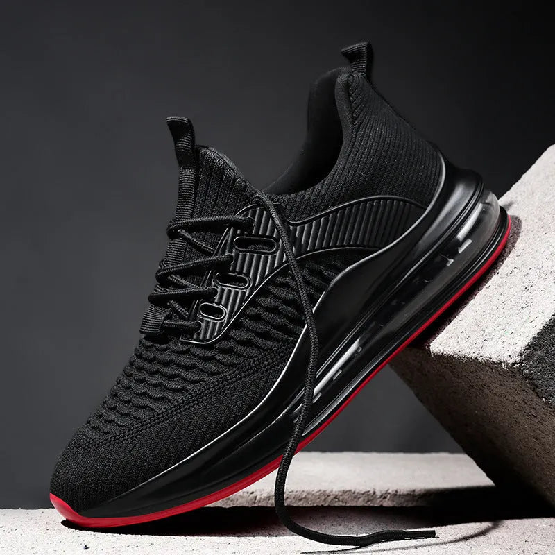 Men's black mesh running shoes with rubber sole and lace-up closure for summer sports