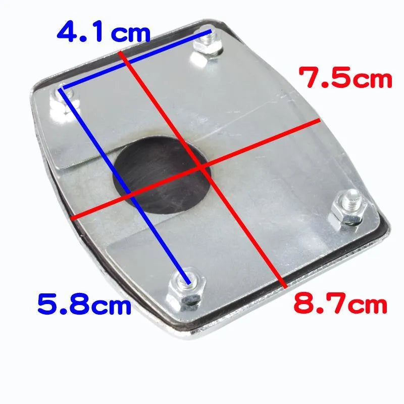 Metal motorcycle brake pedal skid plate showing three design options for universal fit