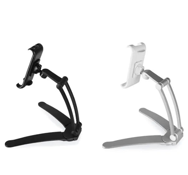 Silver aluminum alloy adjustable tablet stand holding a tablet with 360-degree rotation capability