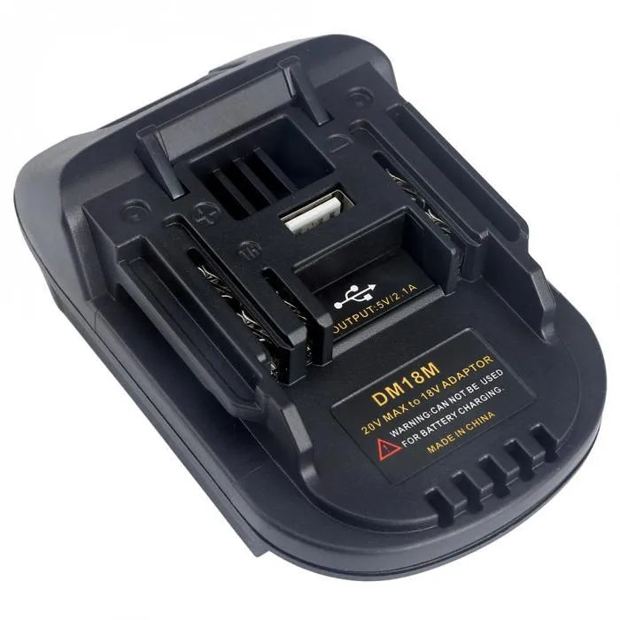 Black Milwaukee to Makita battery adapter showing DM18M to H99F connection for power tools