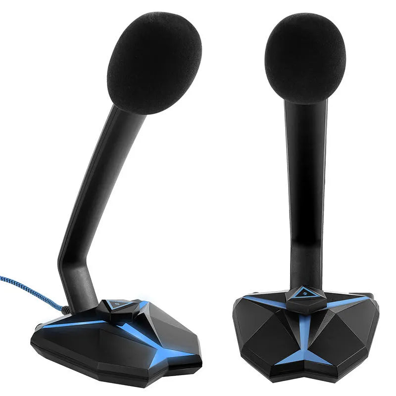 G33 USB gaming microphone in blue with omnidirectional capsule and mute button on desk