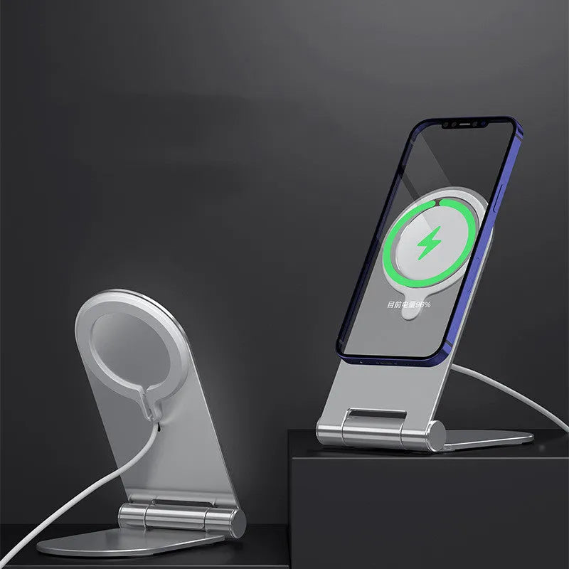 Silver portable magnetic bracket for iPhone 12 showing vertical angle adjustment mechanism