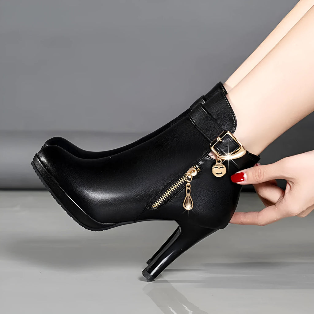 Women's autumn leather boots, pointed toe, high heel, black artificial PU, rubber sole