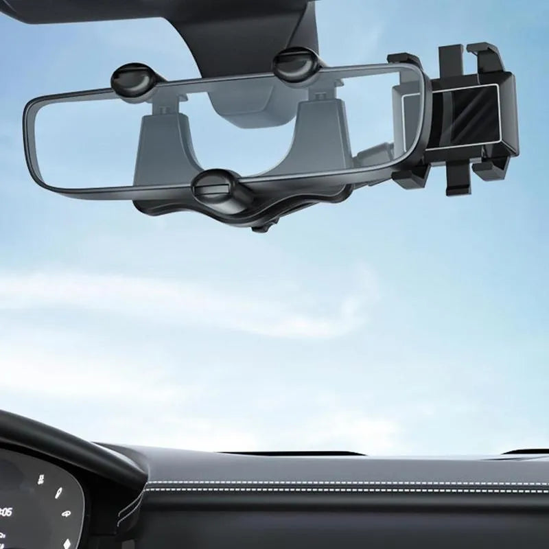 Black rearview mirror car phone holder with 360-degree rotation and retractable arm
