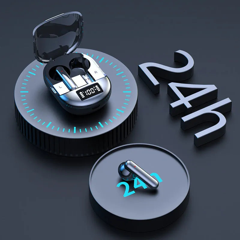 Black and white wireless Bluetooth in-ear earphones with a compact charging case.