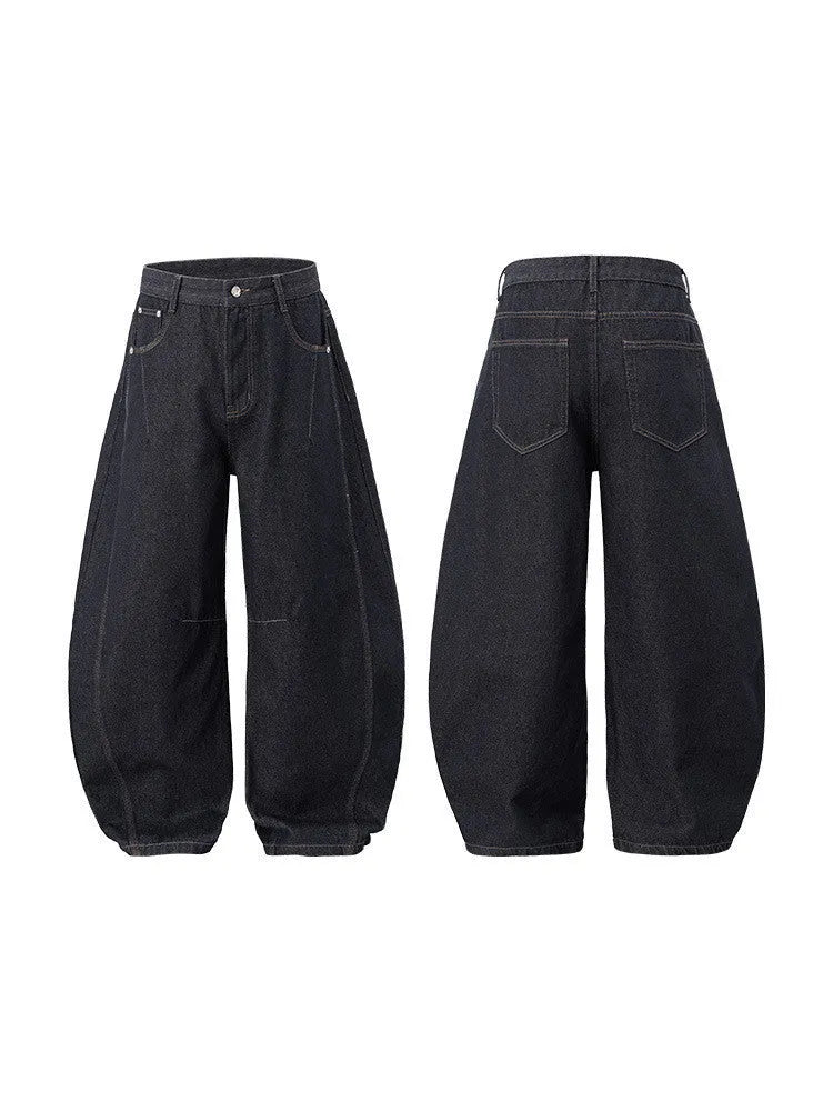 Men's wide leg denim trousers in original cow colour showing mid-waist design and cotton denim fabric