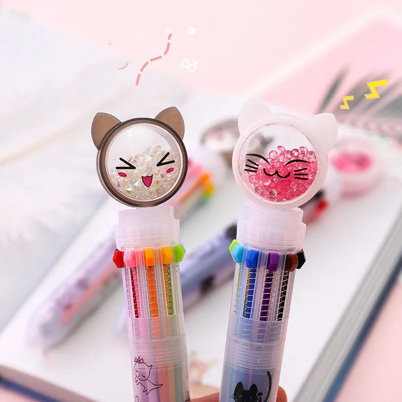 Cute cat design mechanical pencil with 10-colour refills showing 0.5mm tip and press mechanism