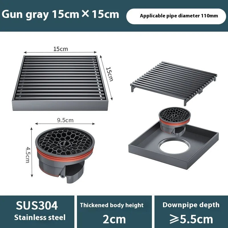 Gun grey 304 stainless steel courtyard floor drain with a 15x15 cm square grate.