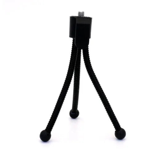 Small black iron mini tripod with ball head, shown extended to its 90mm height on a desktop.