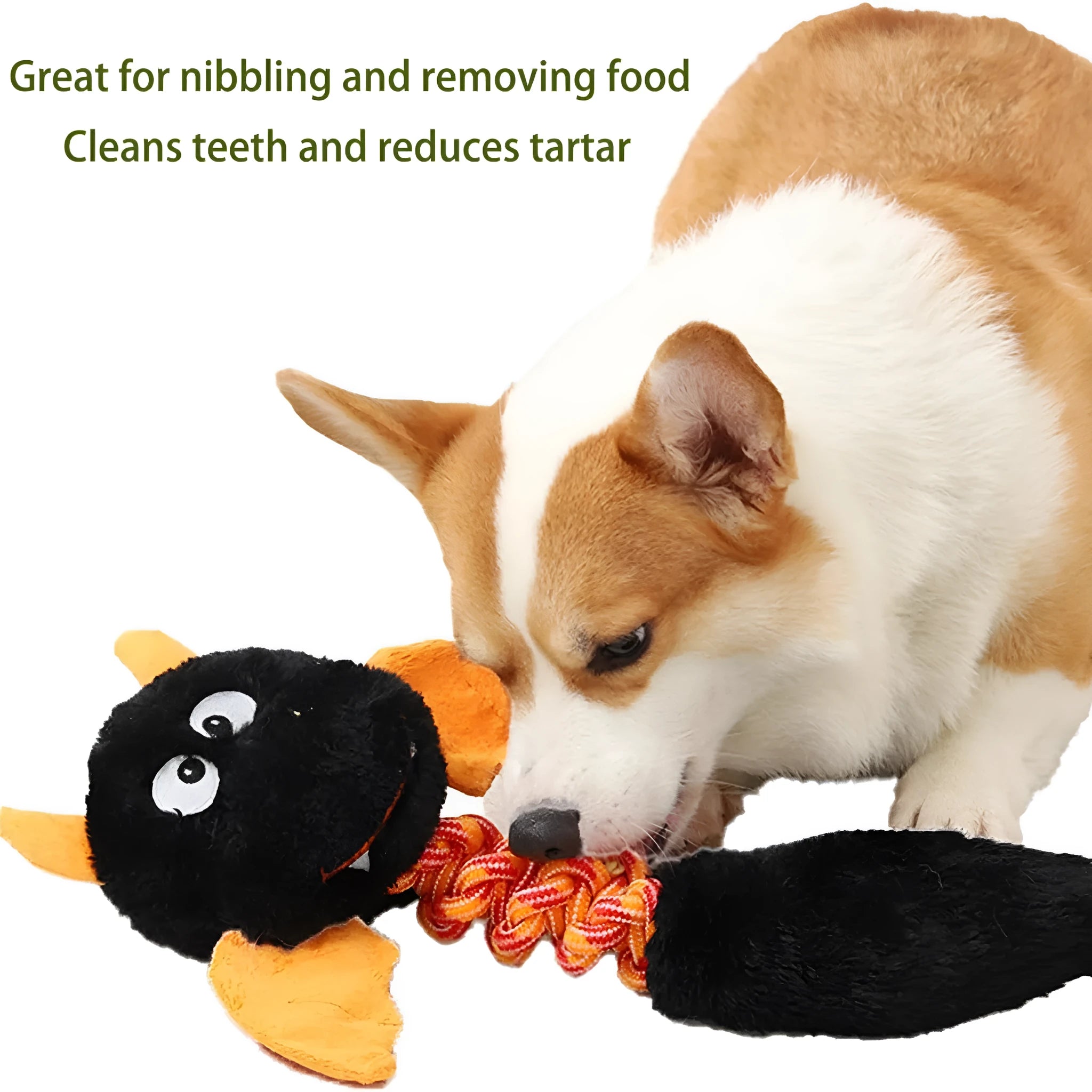 Large green plush dog toy with rope knot and cartoon design on a white background.