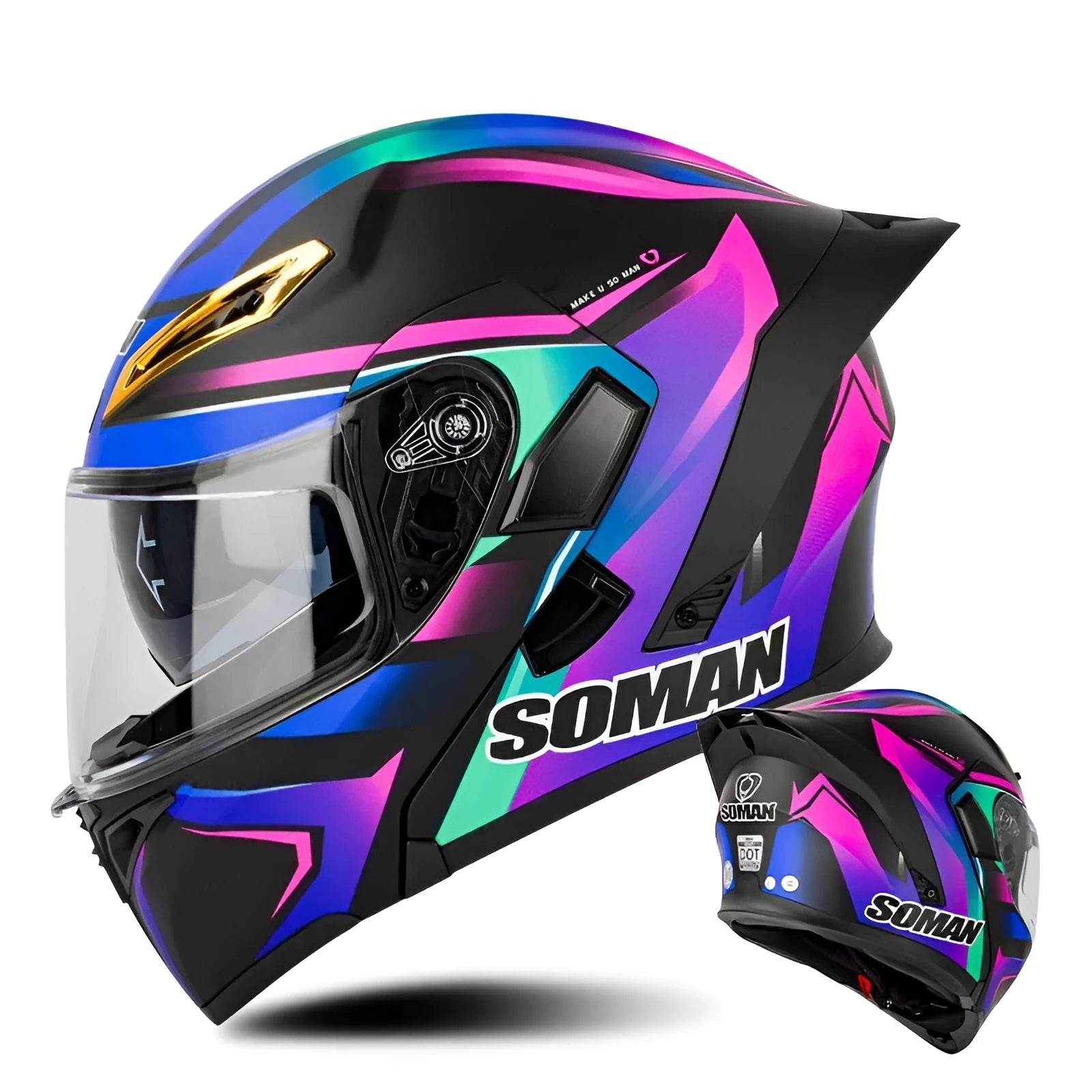 Double lens exposed motorcycle helmet in bright black and green lines with sun visor
