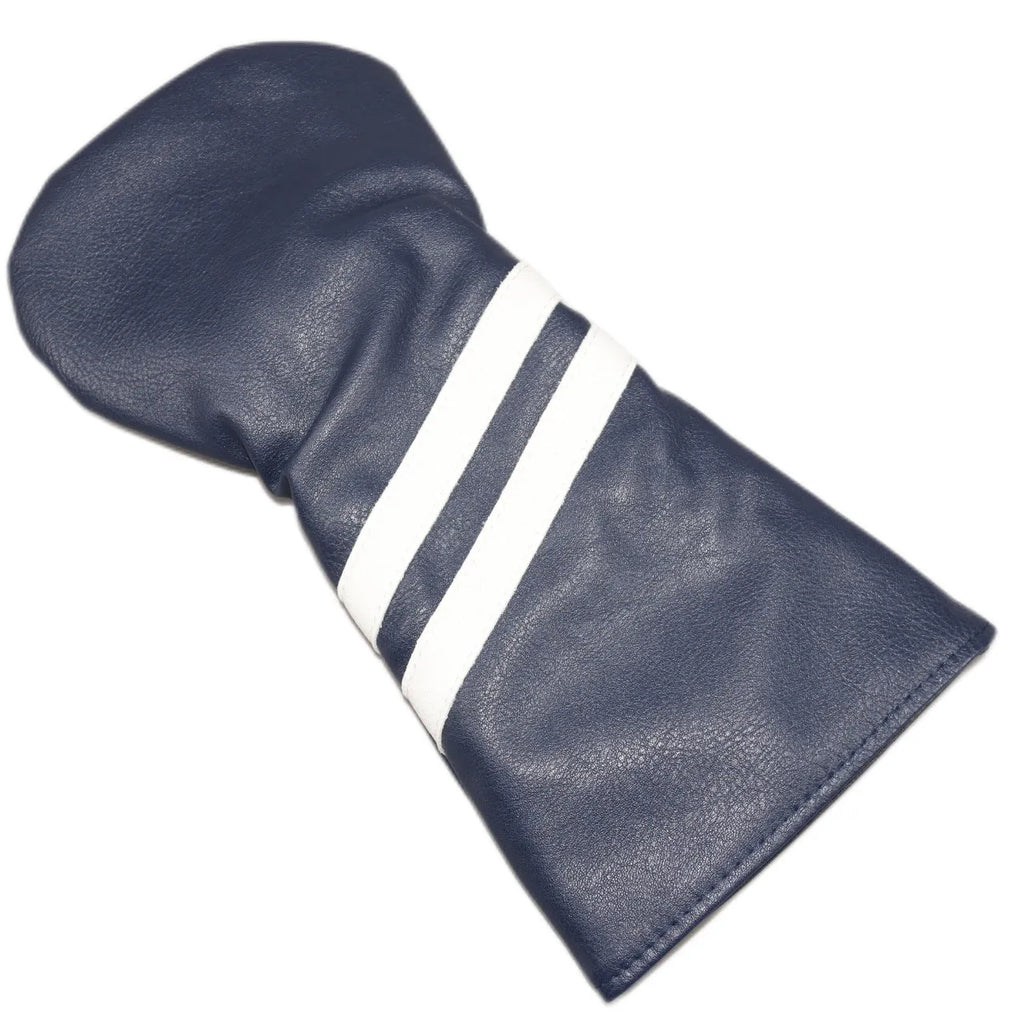 Golf club head cover with diagonal stripes in blue, showing stretchable pu construction