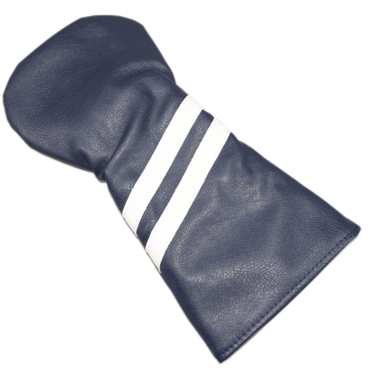 Golf club head cover with diagonal stripes in blue, showing stretchable pu construction