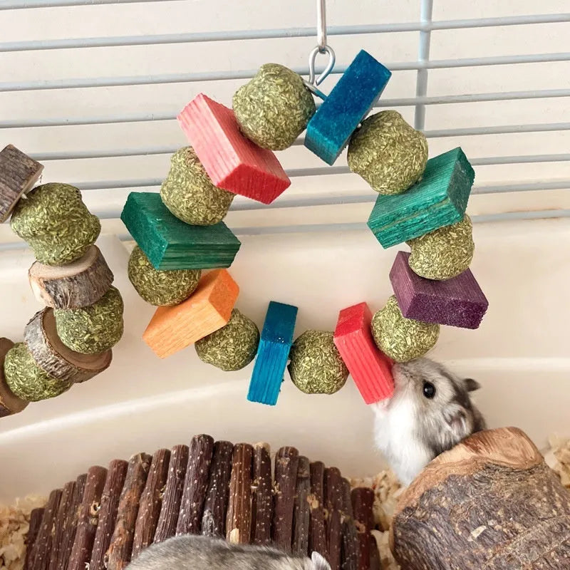 Hamster chew toy with decorative straw ball ring on wooden ring for small pets