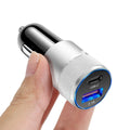 Aluminium alloy mobile phone car charger in black or black silver finish showing 2.5cm x 6cm dimensions