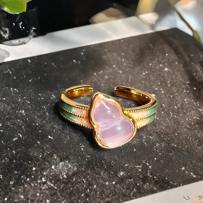 Adjustable copper gourd ring with zircon inlay in vintage oil dripping style