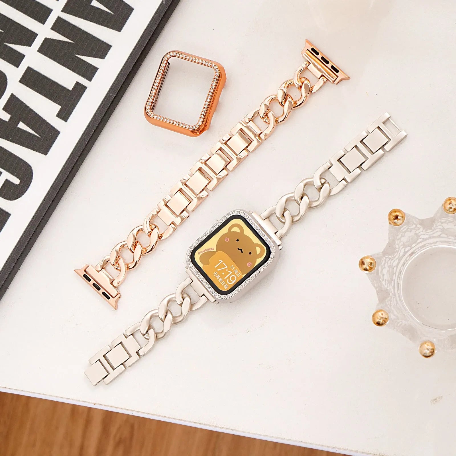 Denim chain design metal Apple Watch strap in multiple colour options showing lug connection