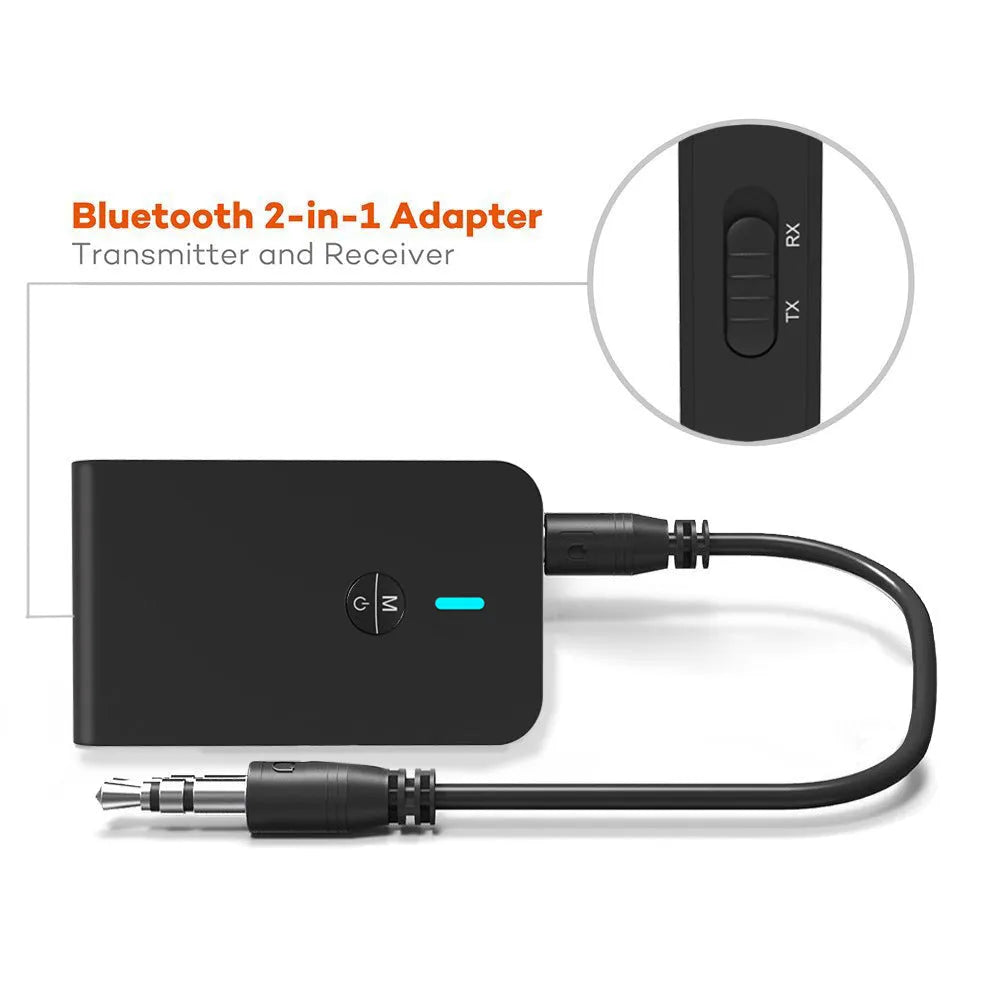 Black Bluetooth 5.0 audio adapter with 3.5mm AUX plug and external power cable.
