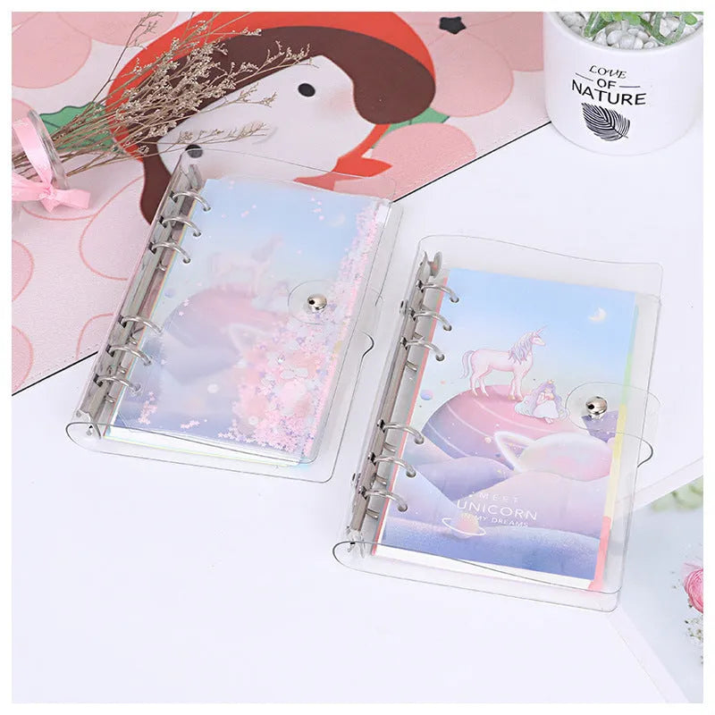 Metal binder shell notebook with PVC cover in Alice Castle design, showing loose leaf Daolin paper and pull side bag.