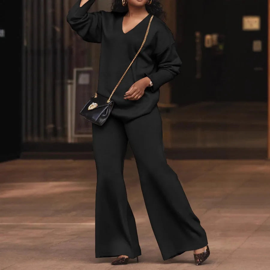 Women's brown thickened suede two-piece suit with split sleeve design and matching trousers