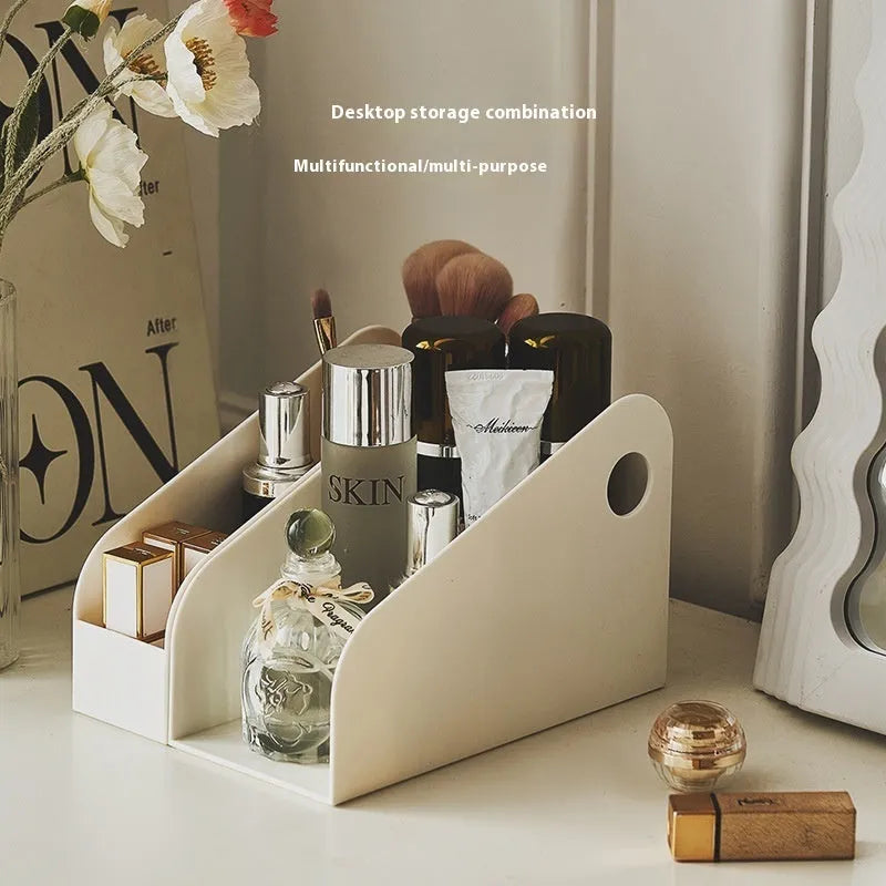 Desktop storage box with two grids for documents and stationery in milk coffee colour