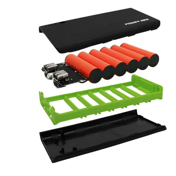 20000mAh mobile power bank in red, blue, green, yellow, and black colours showing front display and charging ports