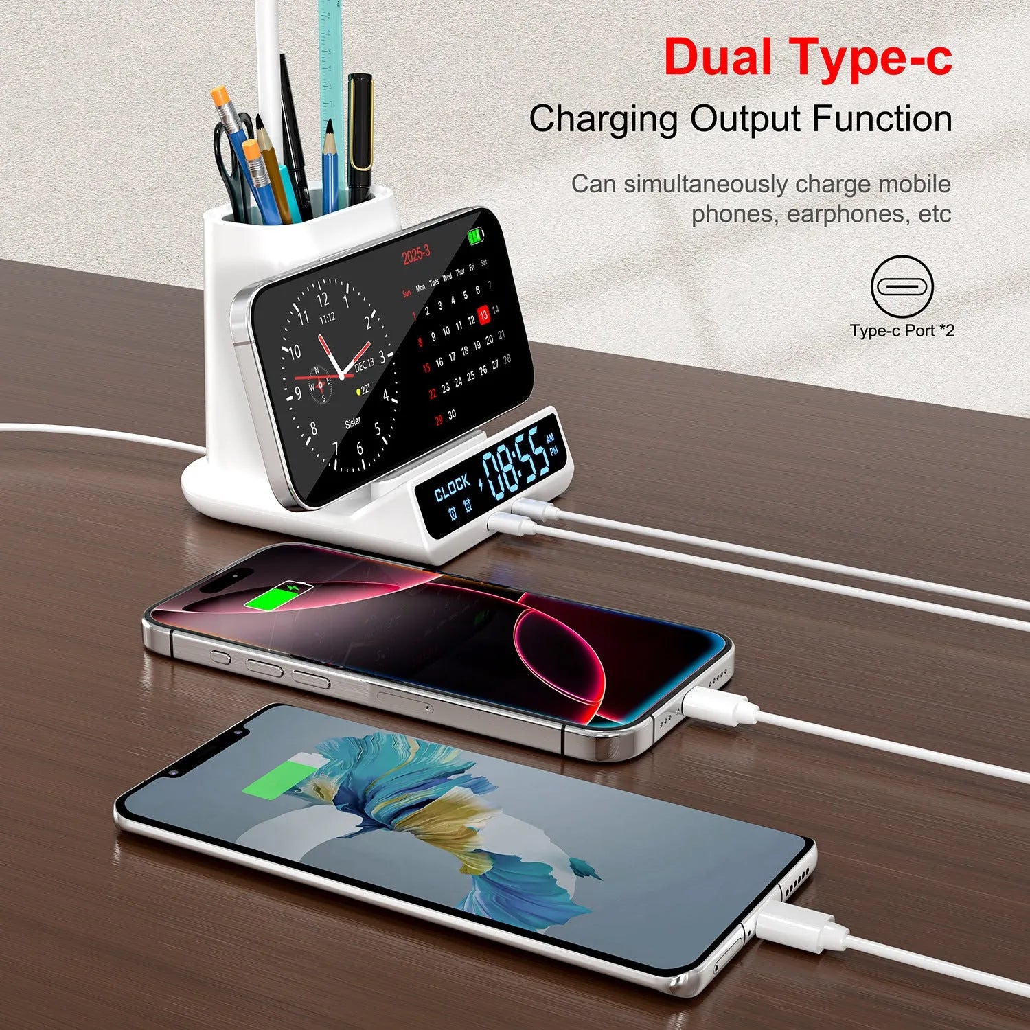 Black wireless charging desk lamp with built-in storage box and pen holder compartments.