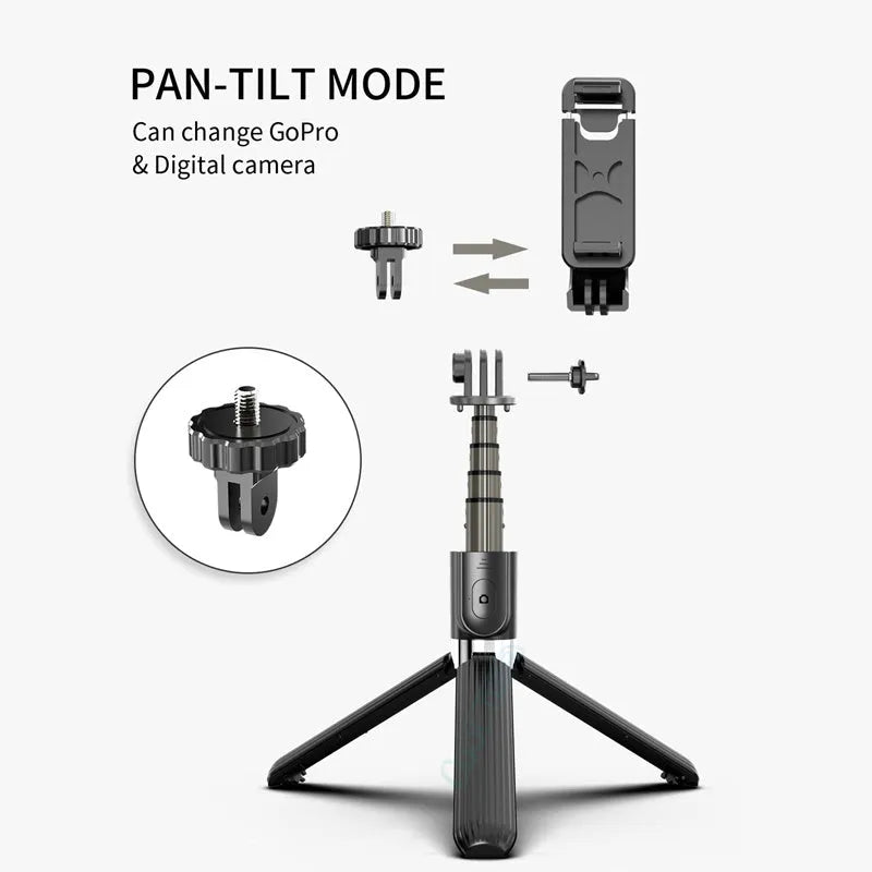 Black tripod selfie stick compatible with Apple iPhone, extended to 700mm, on tabletop