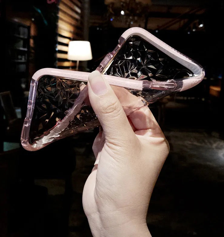 Simple striped TPU mobile phone case for iPhone shown in pink edge, white edge, and black border colour options.