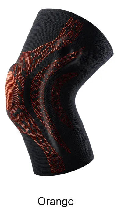 Sports knee pads in black, grey, orange, and purple made from spandex for running and cycling